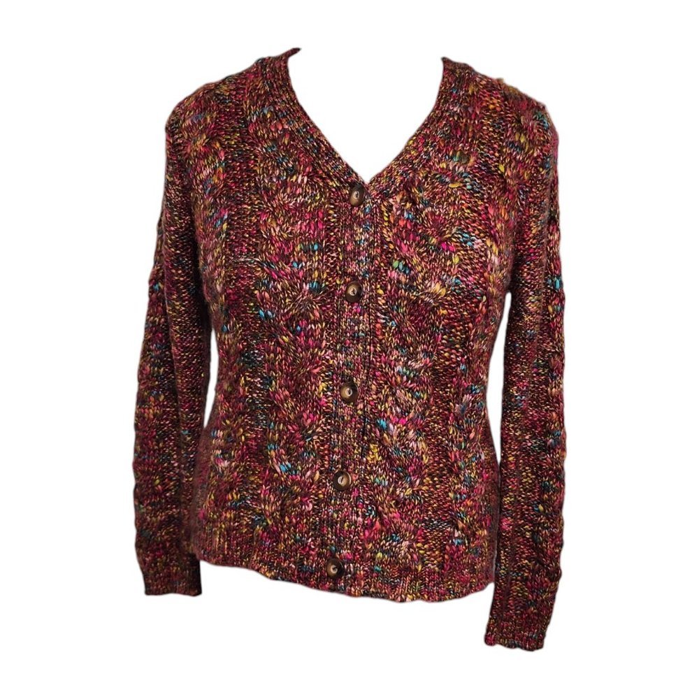 VTG TALBOT's Chunky Cardigan Sweater M Brown Purple Colorful Cabled Wool Blend